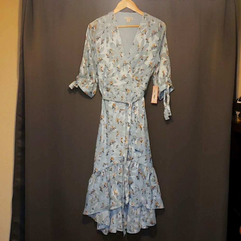 NY&Co Eva Mendes Blue Floral Wrap Dress